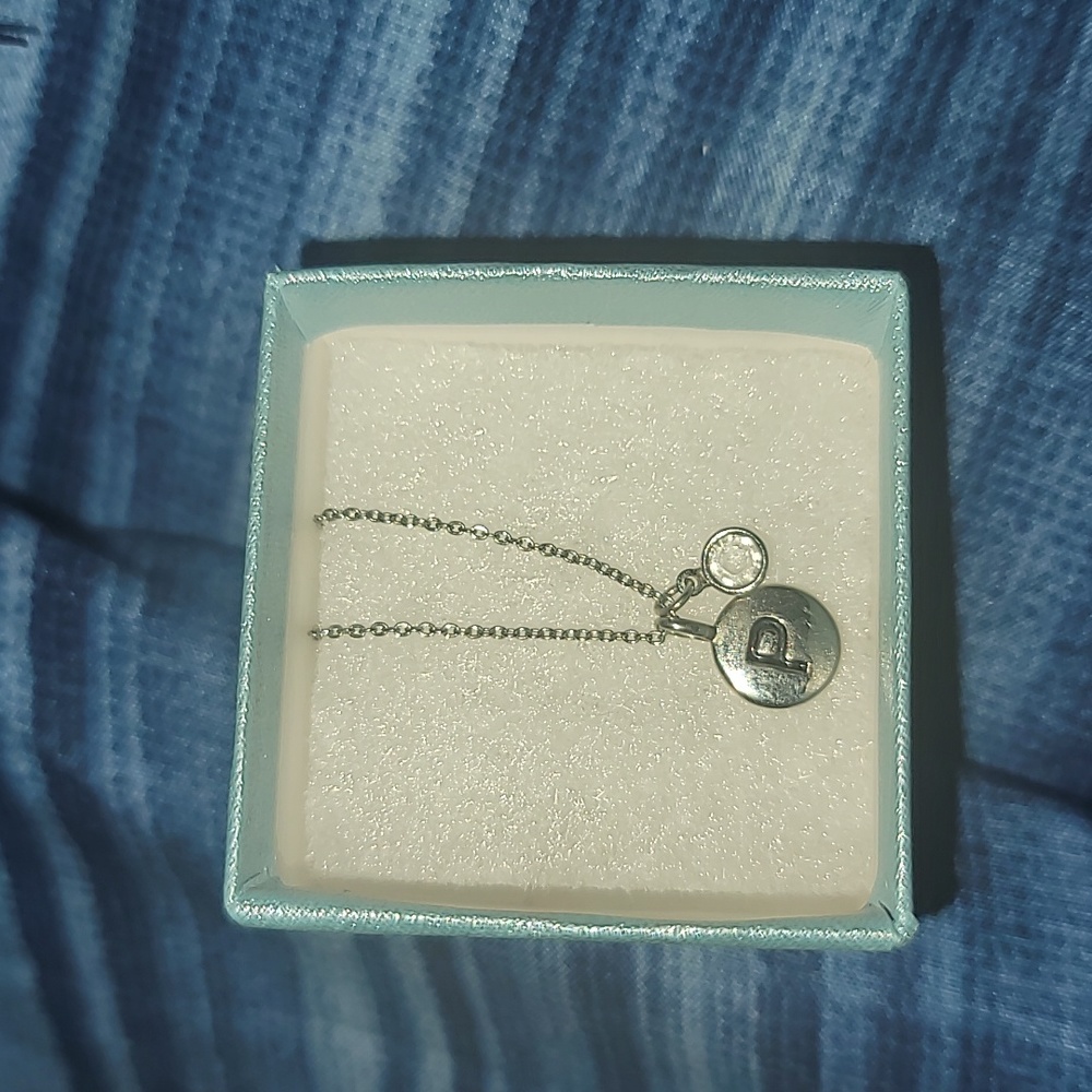 Touchstone Crystal Rhodium Plated Initial Necklace P New in Box.
